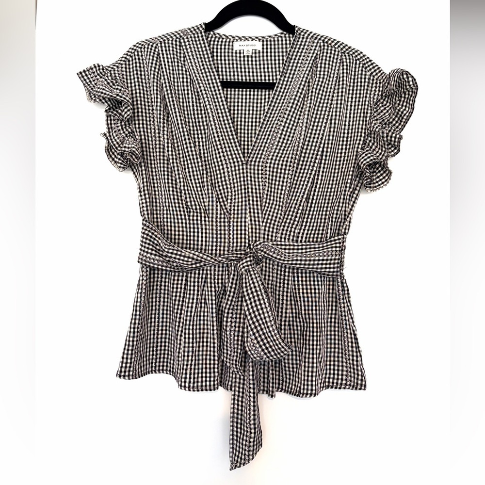 Max Studio Gingham Blouse with Ruffle Sleeve Black White, Size XS